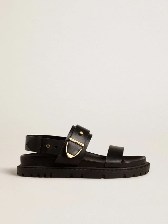 Sandales Lucy pour femme en cuir noir brillant avec boucle en métal doré