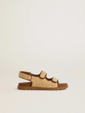 Sandales Noa Junior en raphia beige et cuir marron