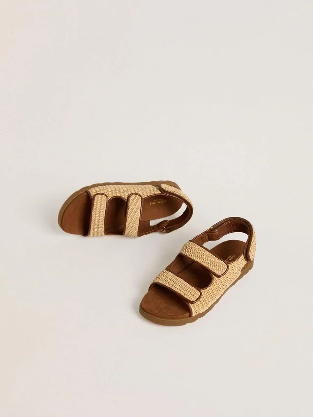 Sandales Noa Junior en raphia beige et cuir marron