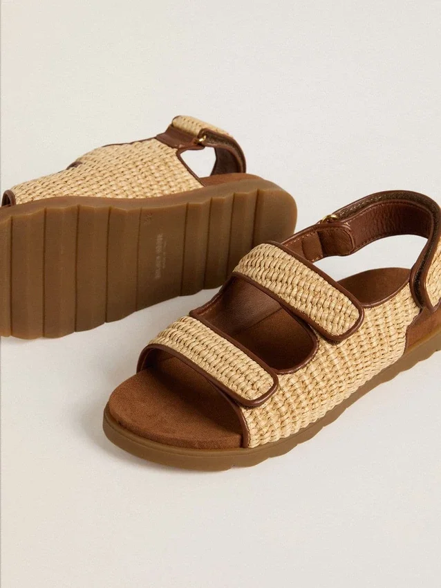 Sandales Noa Junior en raphia beige et cuir marron
