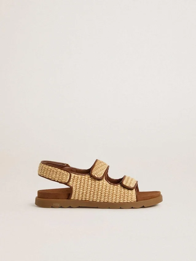 Sandales Noa Young en raphia beige et cuir marron