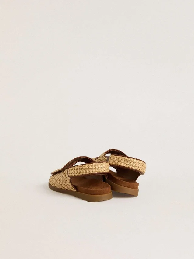 Sandales Noa Young en raphia beige et cuir marron