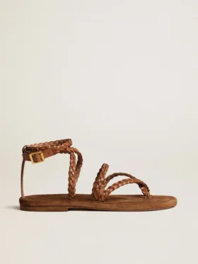 Sandales plates Penelope pour femme en cuir couleur tabac avec semelle en daim