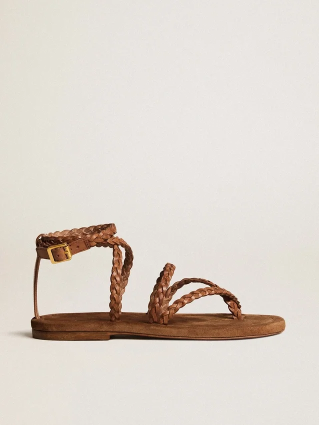 Sandales plates Penelope pour femme en cuir couleur tabac avec semelle en daim