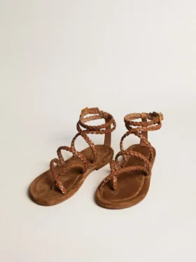 Sandales plates Penelope pour femme en cuir couleur tabac avec semelle en daim