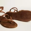 Sandales plates Penelope pour femme en cuir couleur tabac avec semelle en daim