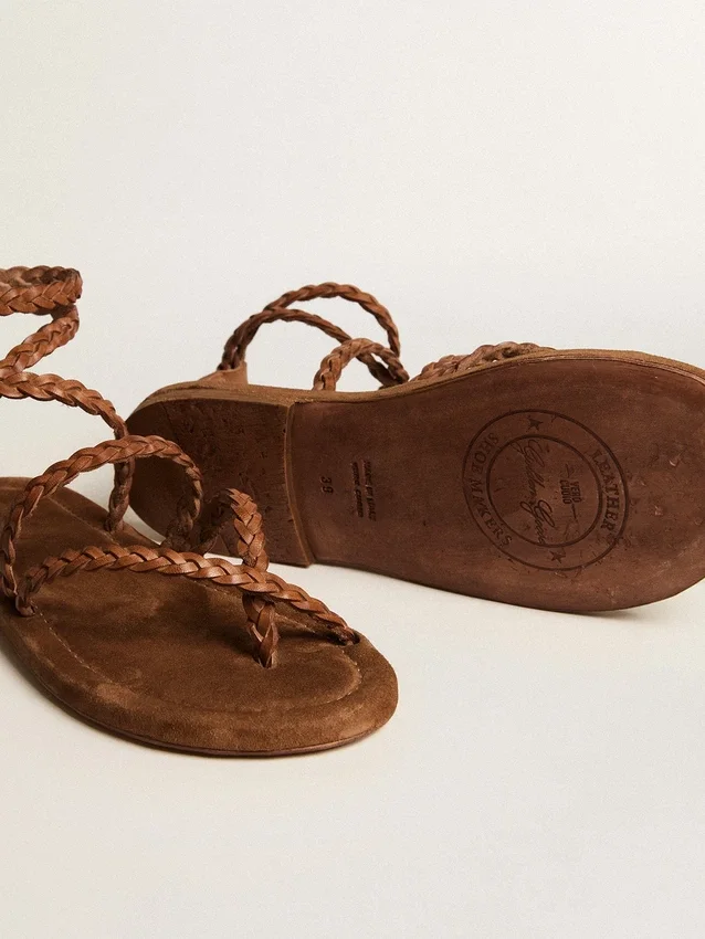 Sandales plates Penelope pour femme en cuir couleur tabac avec semelle en daim