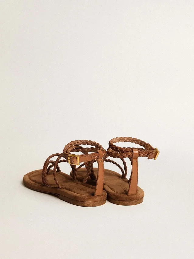 Sandales plates Penelope pour femme en cuir couleur tabac avec semelle en daim