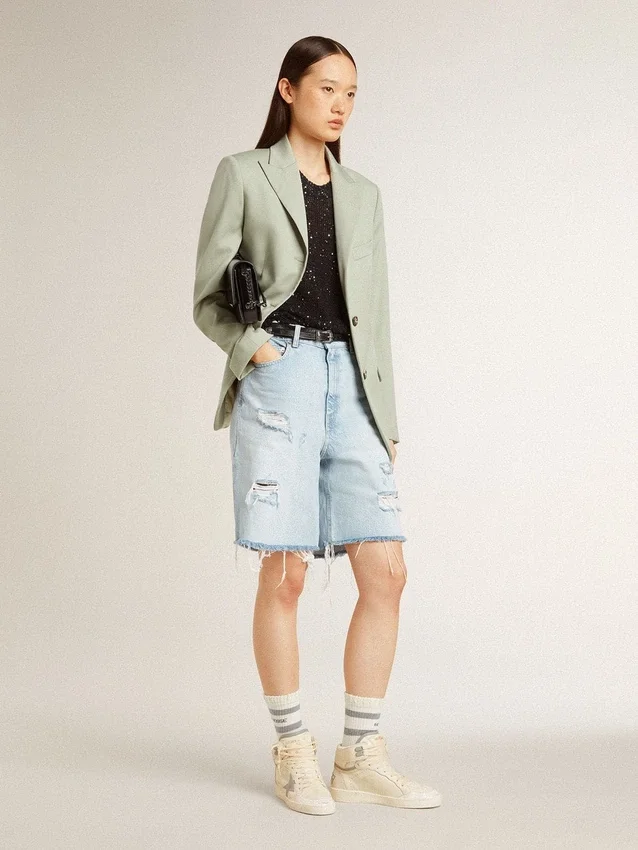 Sky-Star pour femme en cuir avec étoile en cuir bleu clair et languette de talon blanche