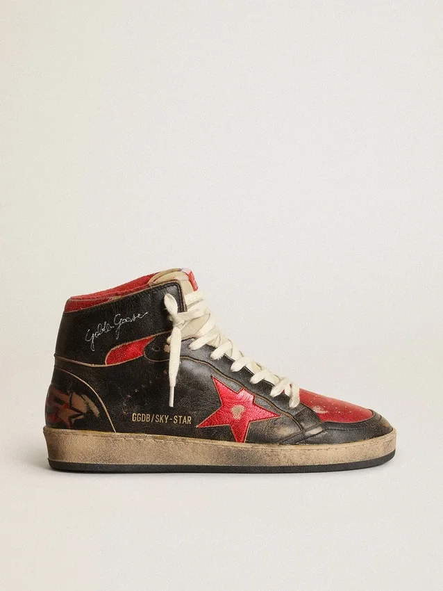 Sky-Star pour femme en cuir noir brillant avec étoile rouge
