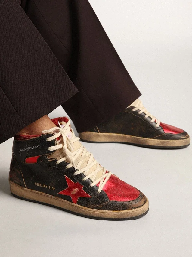 Sky-Star pour homme en cuir noir brillant avec étoile rouge