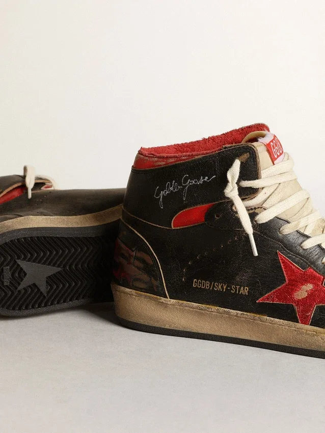 Sky-Star pour homme en cuir noir brillant avec étoile rouge