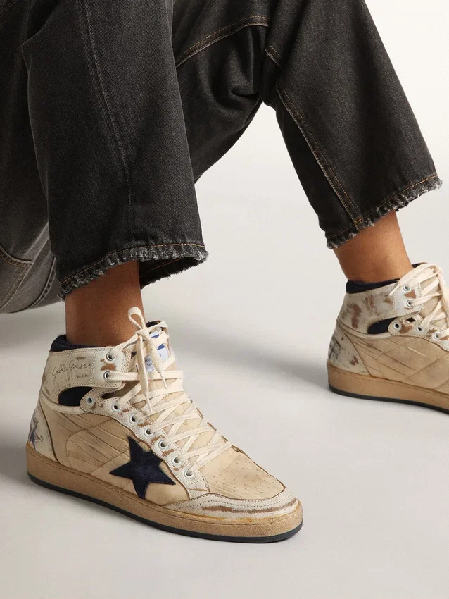 Sky-Star pour homme en nylon et cuir couleur crème avec étoile en daim bleu