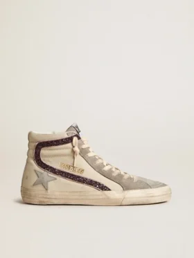 Slide avec étoile en cuir gris et touches pailletées couleur vin