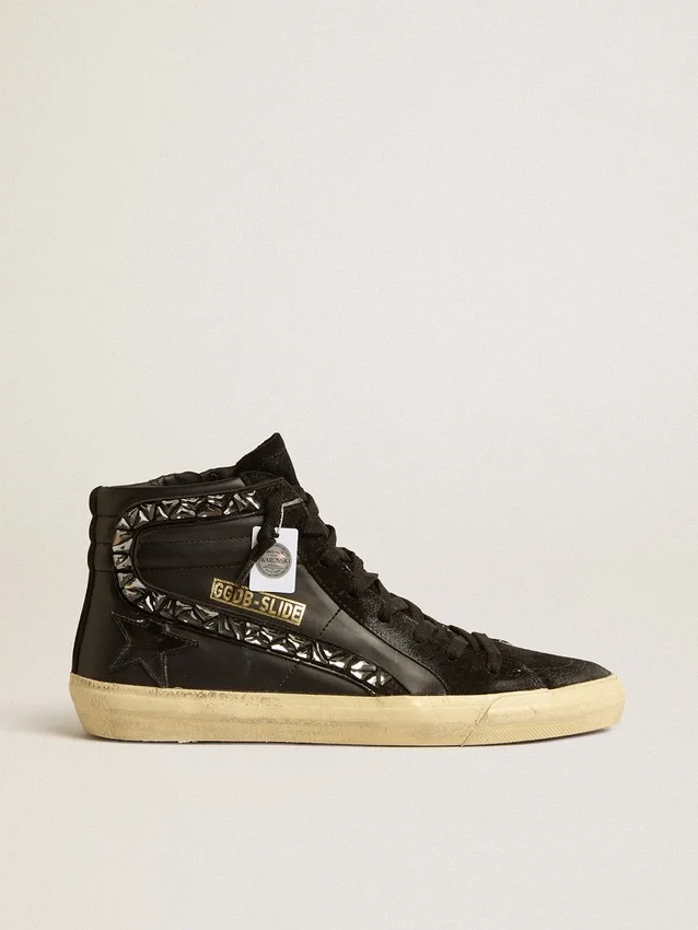 Slide en cuir avec étoile noire et strass Swarovski