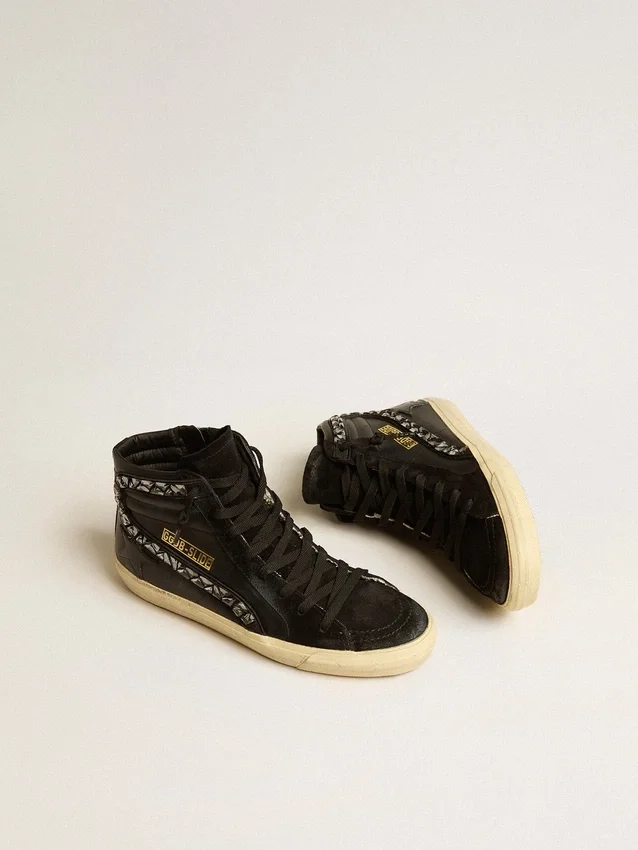 Slide en cuir avec étoile noire et strass Swarovski