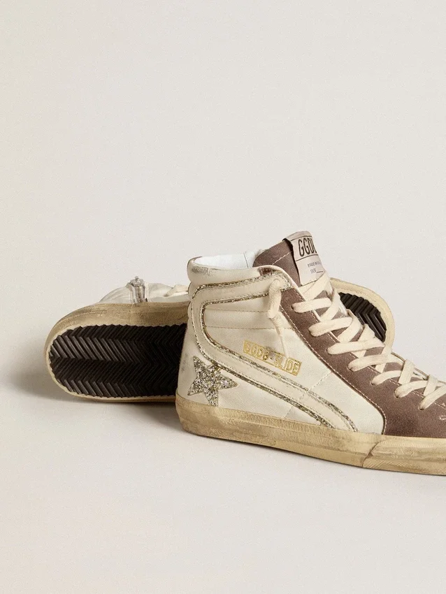 Slide en cuir nappa avec étoile pailletée et empiècement en cuir verni
