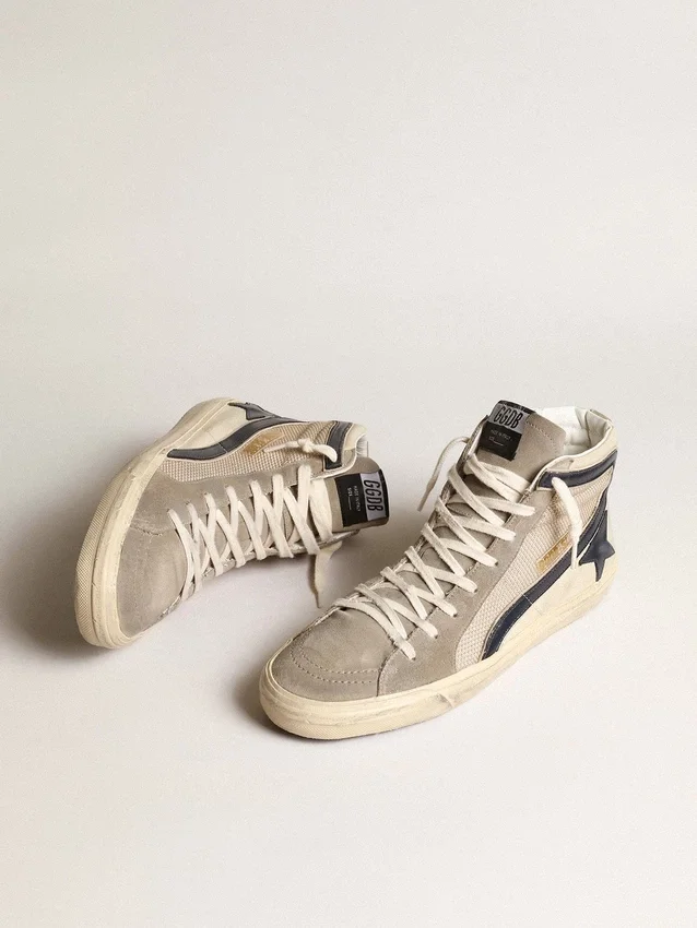 Slide en maille beige et nylon avec étoile en cuir bleu et détail brillant