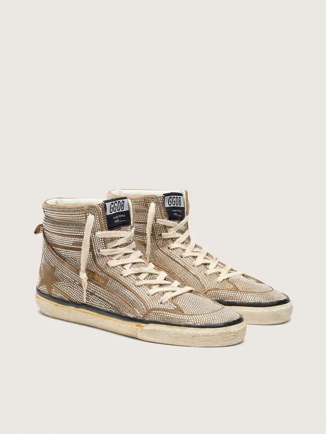 Slide LAB Sneakers pour femme en daim couleur tabac avec cristaux et étoile en daim couleur tabac