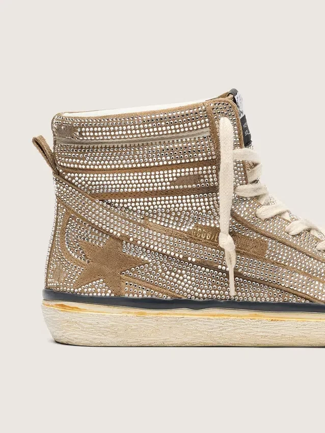 Slide LAB Sneakers pour femme en daim couleur tabac avec cristaux et étoile en daim couleur tabac