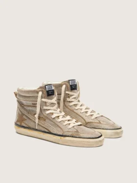 Slide LAB Sneakers pour homme, modèle à enfiler, en daim couleur tabac avec cristaux et étoile en daim couleur tabac