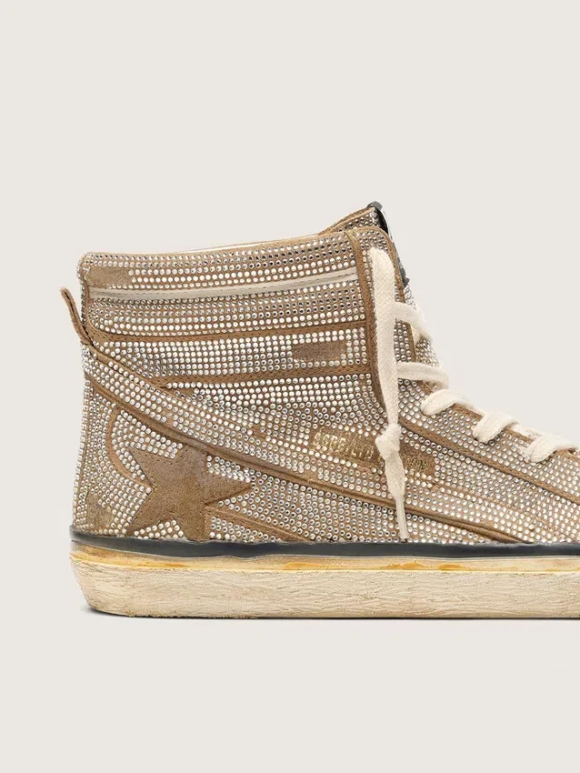 Slide LAB Sneakers pour homme, modèle à enfiler, en daim couleur tabac avec cristaux et étoile en daim couleur tabac