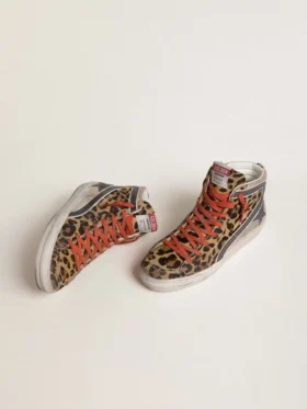 Slide LTD pour femme en cuir de poney à imprimé léopard avec étoile et strass en cuir métallisé