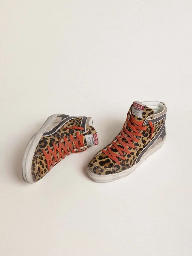 Slide LTD pour femme en cuir de poney à imprimé léopard avec étoile et strass en cuir métallisé