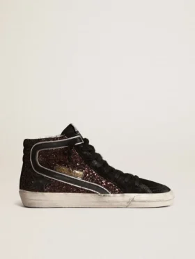 Slide marron pailleté avec étoile en cuir noir et strass