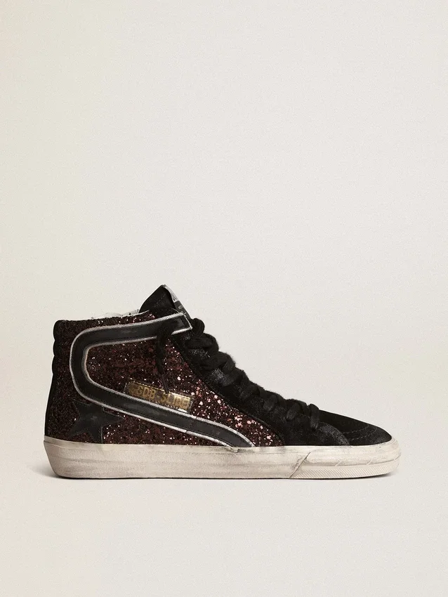 Slide marron pailleté avec étoile en cuir noir et strass