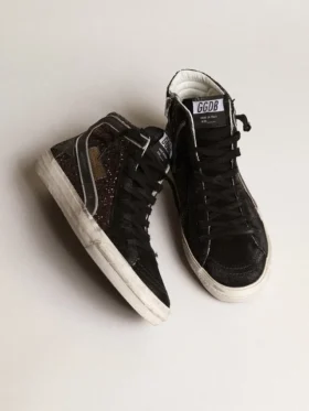 Slide marron pailleté avec étoile en cuir noir et strass