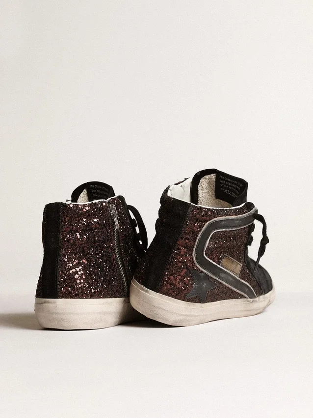 Slide marron pailleté avec étoile en cuir noir et strass
