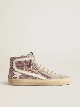 Slide pailletée lilas avec étoile en cuir blanc et reflets