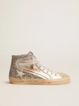 Slide pour femme avec tige en cuir laminé et paillettes argentées