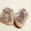 Slide pour femme avec tige en cuir laminé et paillettes argentées