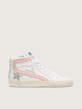 Slide pour femme en cuir blanc avec étoile pailletée argentée et empiècement en cuir rose