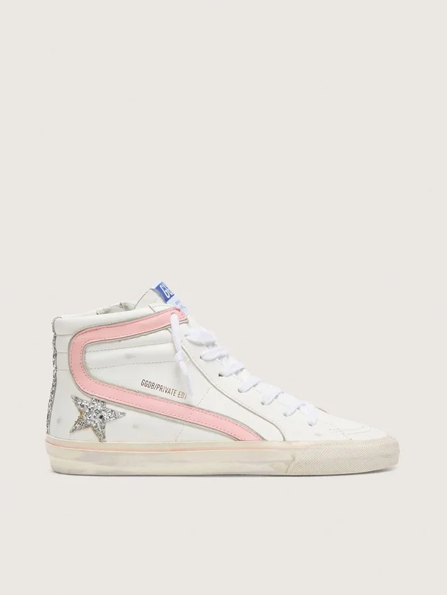 Slide pour femme en cuir blanc avec étoile pailletée argentée et empiècement en cuir rose