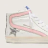 Slide pour femme en cuir blanc avec étoile pailletée argentée et empiècement en cuir rose
