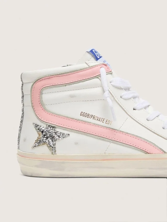 Slide pour femme en cuir blanc avec étoile pailletée argentée et empiècement en cuir rose