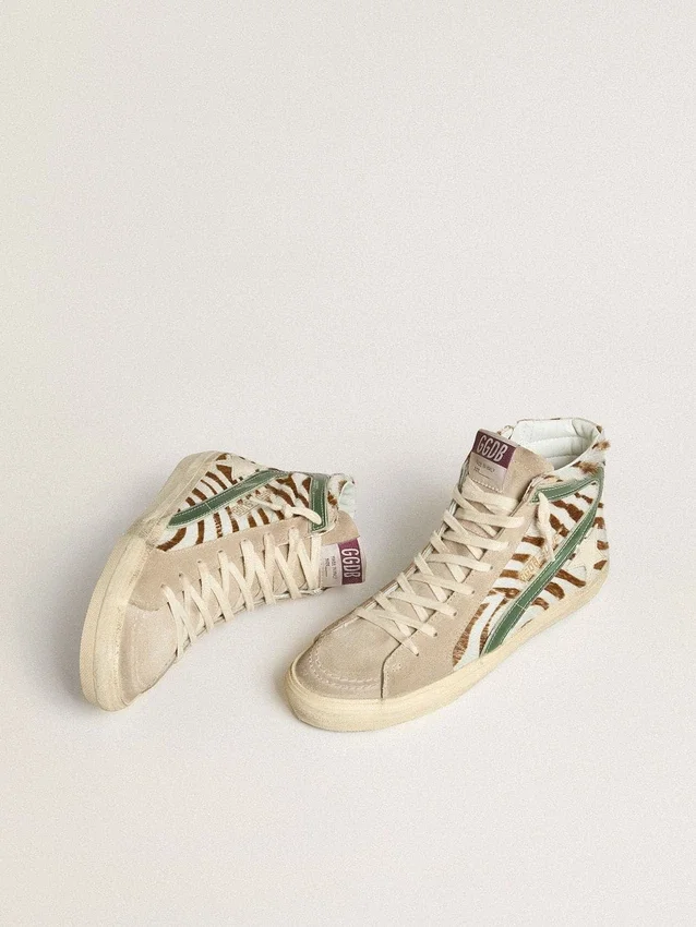 Slide pour femme en cuir de poney imprimé zèbre avec empiècement en cuir laminé vert
