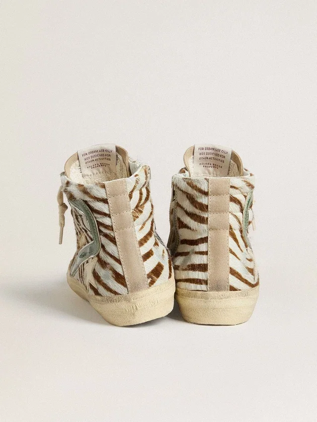 Slide pour femme en cuir de poney imprimé zèbre avec empiècement en cuir laminé vert
