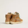 Slide pour femme en daim couleur ocre avec étoile en cuir couleur tabac