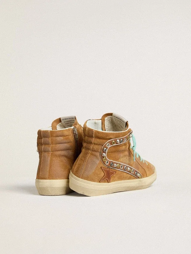 Slide pour femme en daim couleur ocre avec étoile en cuir couleur tabac