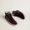 Slide pour femme en daim et paillettes noir cerise, avec étoile en cuir et empiècement en cuir métallisé