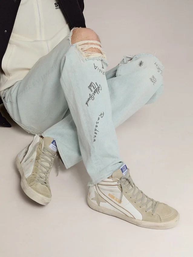 Slide pour homme en cuir avec détails en daim