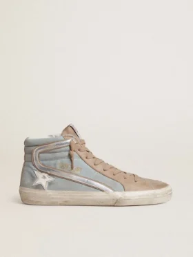Slide pour homme en toile bleu clair avec empiècement en cuir métallisé argenté