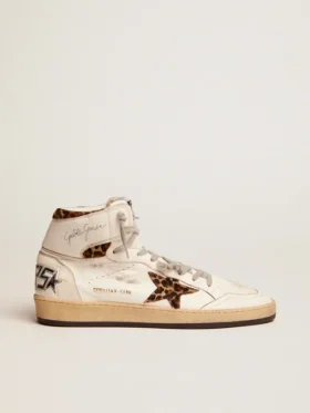 Sneakers Sky-Star avec signature sur la cheville et empiècements en peaux de poney à imprimé léopard