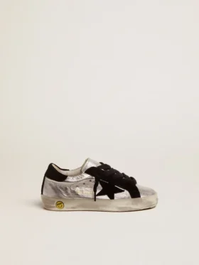 Sneakers Super-Star en cuir argenté avec empiècements en daim