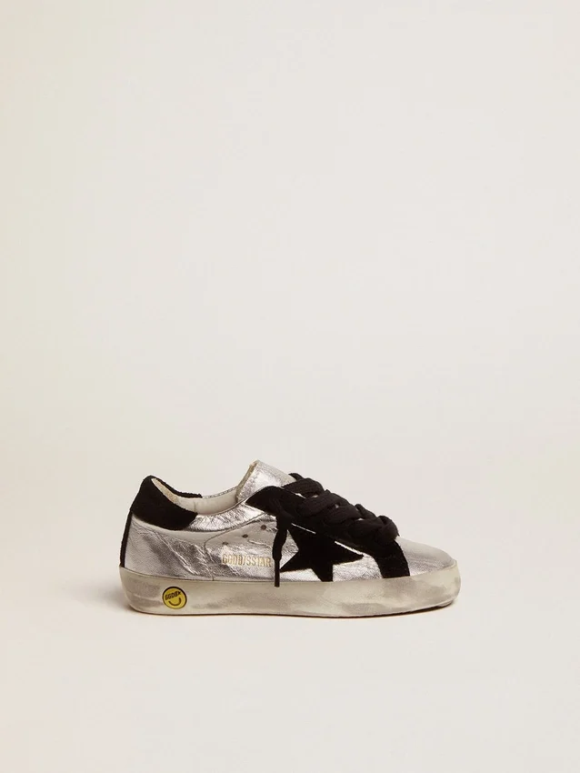 Sneakers Super-Star en cuir argenté avec empiècements en daim