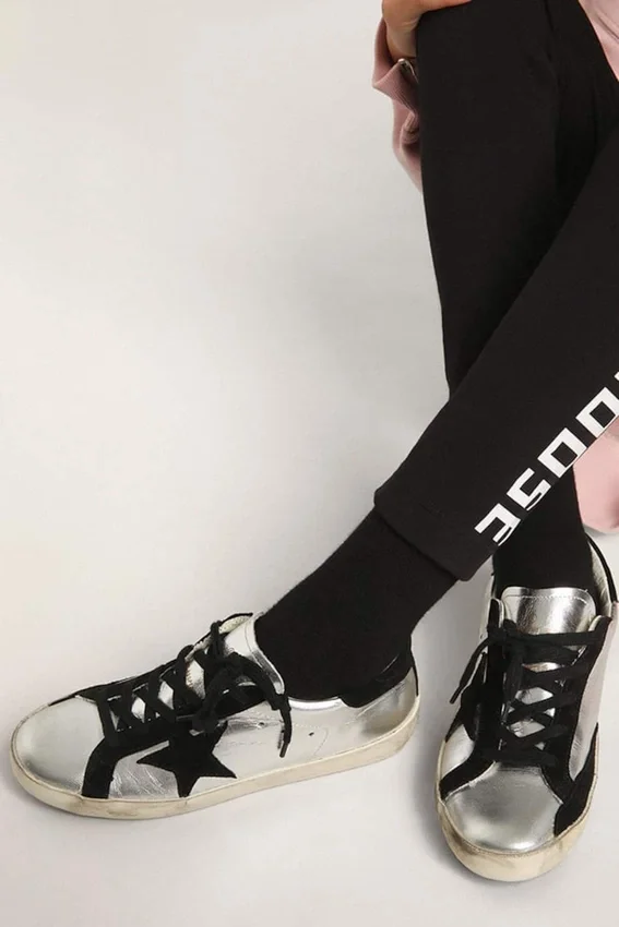 Sneakers Super-Star en cuir argenté avec empiècements en daim